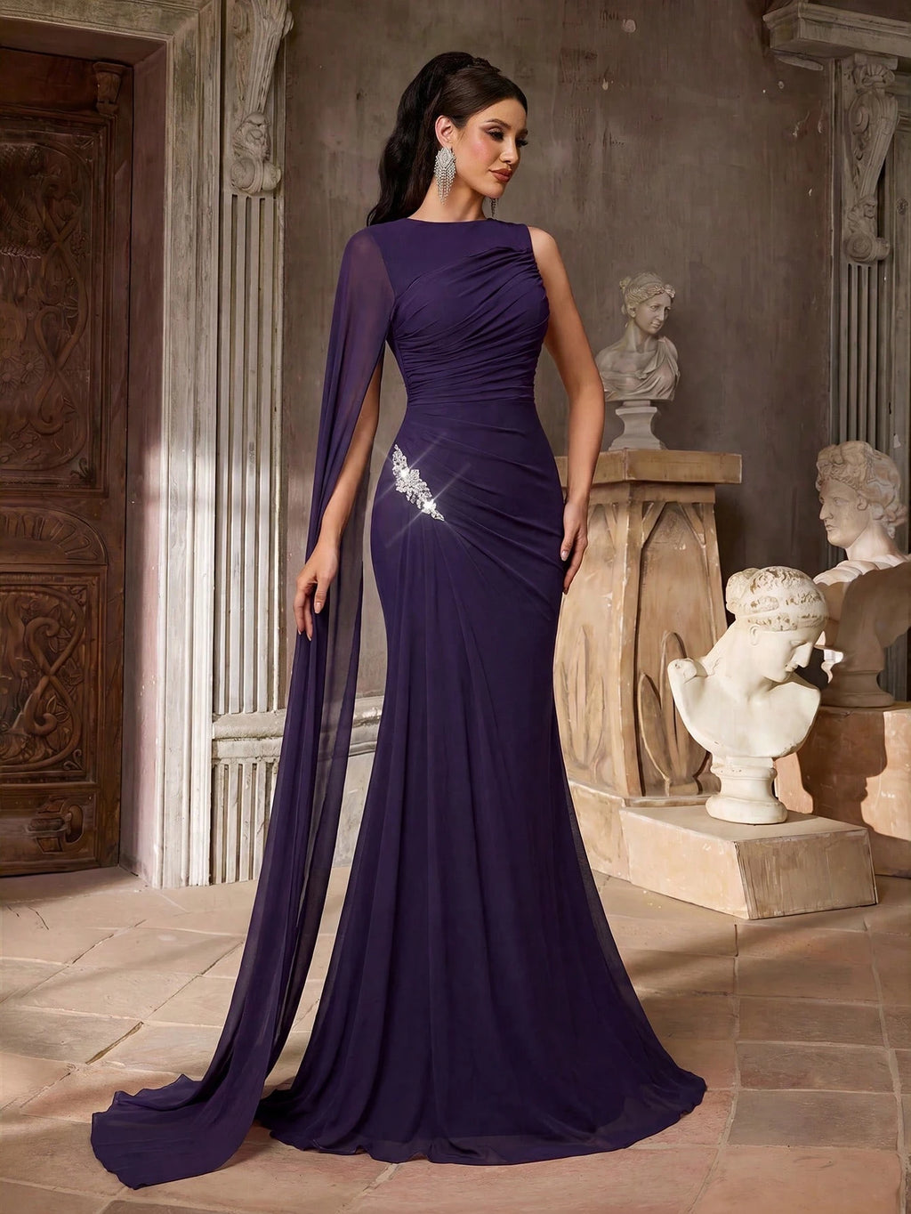 Aureia Elegant Graceful Sophisticated High Elastic Mesh Fabric Round Neck One Shoulder Oversized Cape Sleeve - image 14
