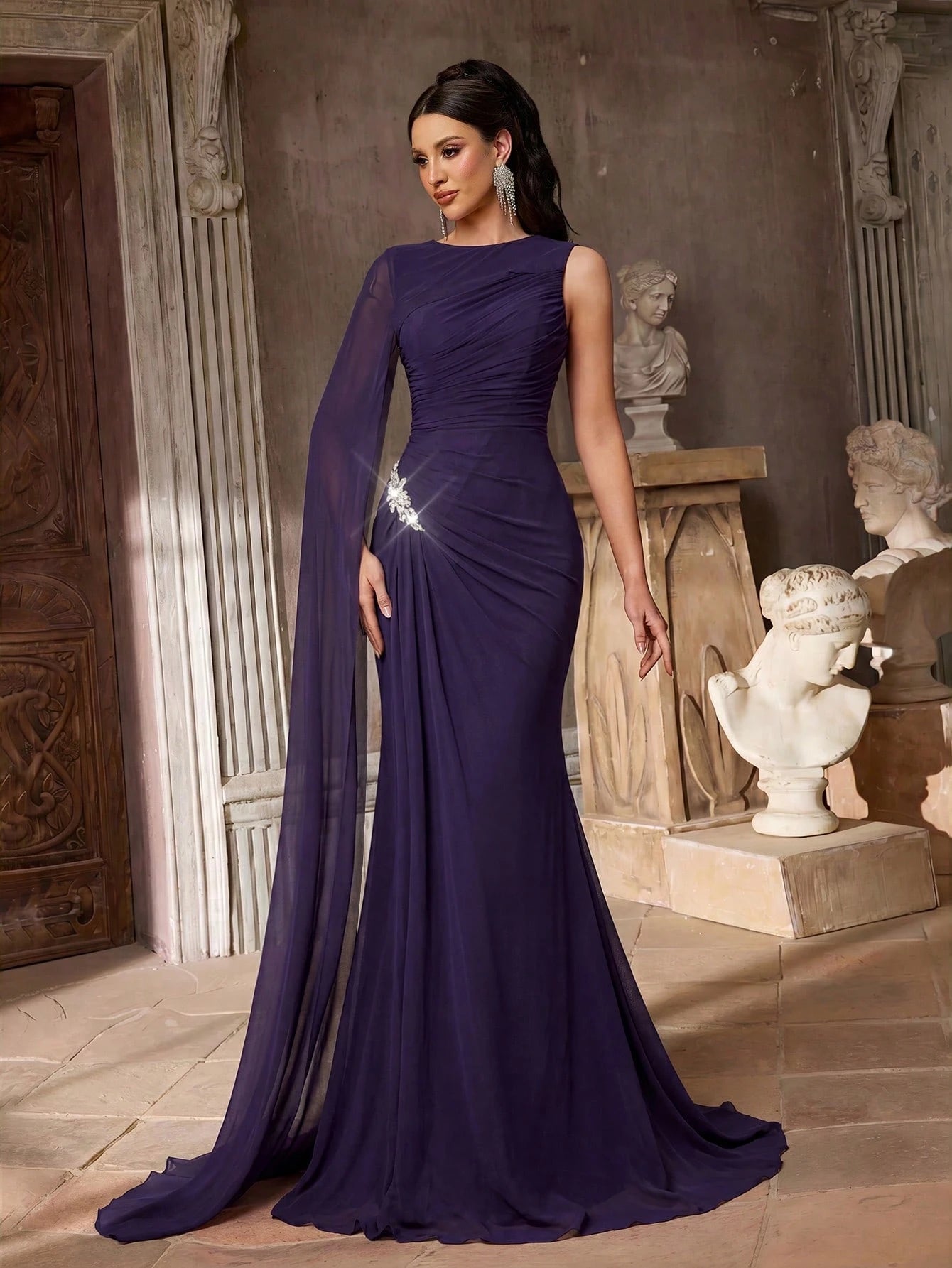 Aureia Elegant Graceful Sophisticated High Elastic Mesh Fabric Round Neck One Shoulder Oversized Cape Sleeve - image 15