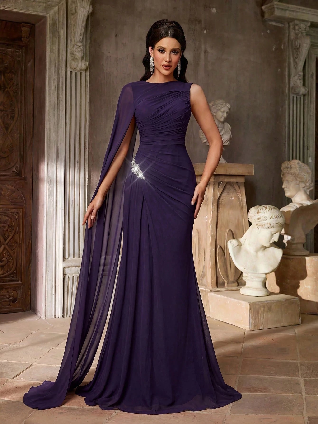 Aureia Elegant Graceful Sophisticated High Elastic Mesh Fabric Round Neck One Shoulder Oversized Cape Sleeve - image 17