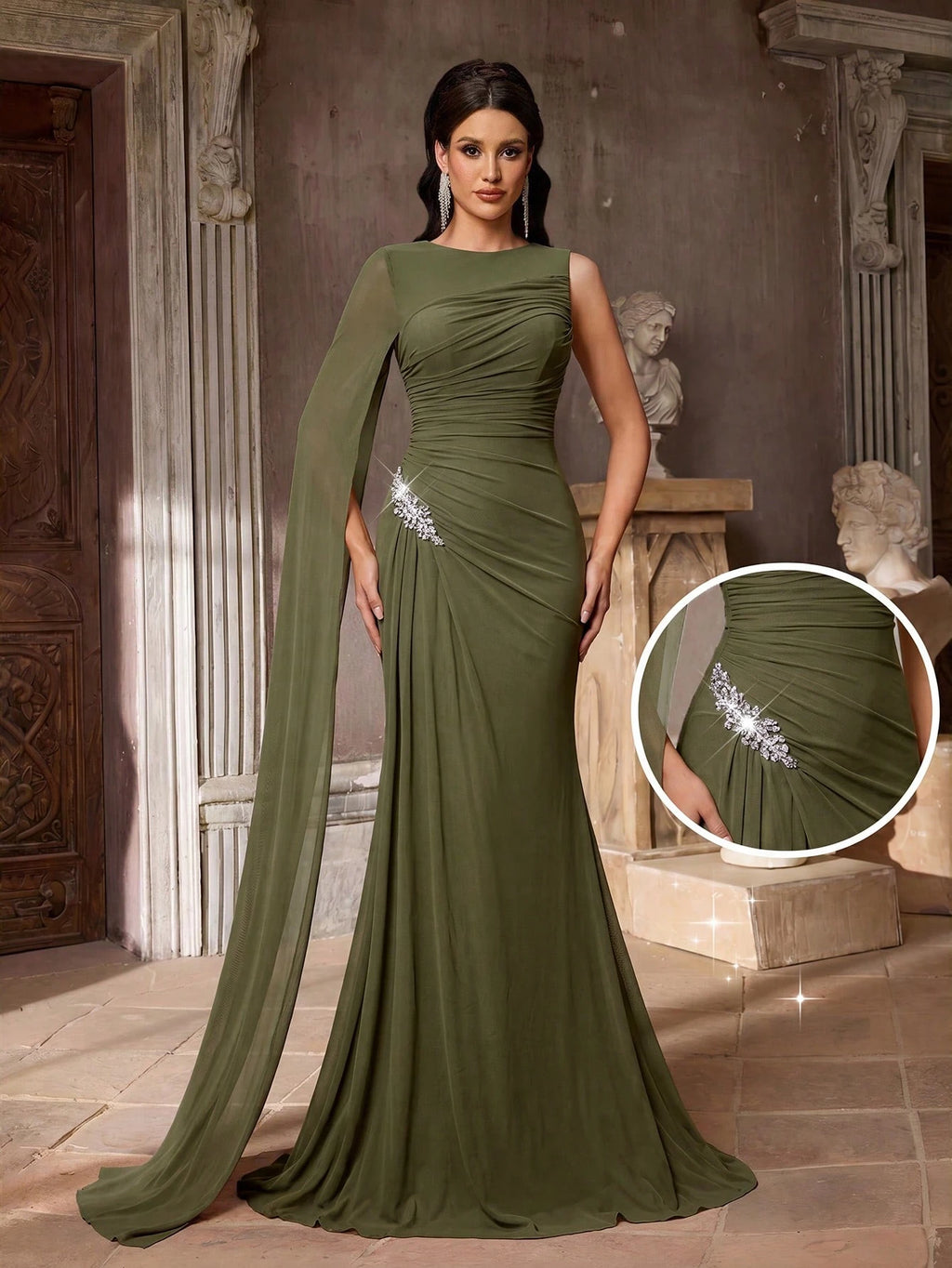 Aureia Elegant Graceful Sophisticated High Elastic Mesh Fabric Round Neck One Shoulder Oversized Cape Sleeve