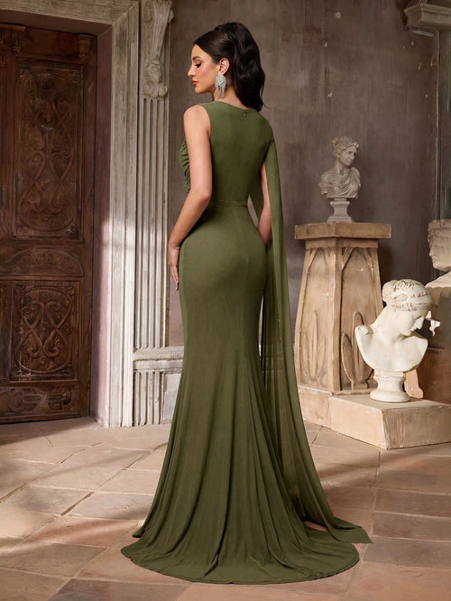 Aureia Elegant Graceful Sophisticated High Elastic Mesh Fabric Round Neck One Shoulder Oversized Cape Sleeve - image 2