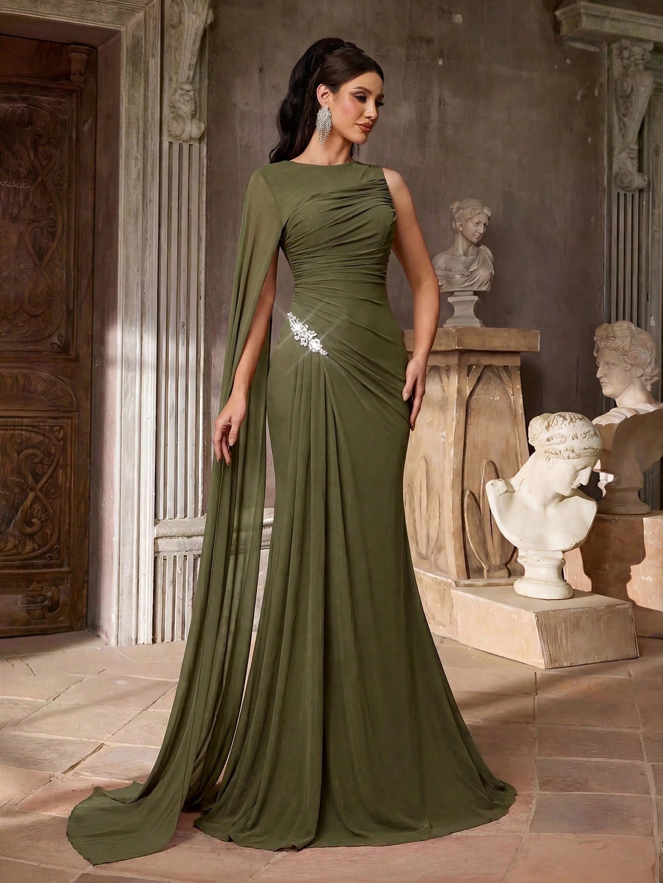 Aureia Elegant Graceful Sophisticated High Elastic Mesh Fabric Round Neck One Shoulder Oversized Cape Sleeve - image 4
