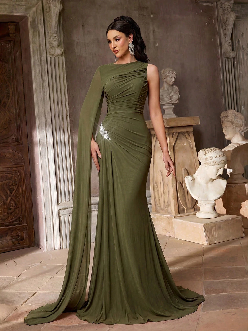 Aureia Elegant Graceful Sophisticated High Elastic Mesh Fabric Round Neck One Shoulder Oversized Cape Sleeve - image 5