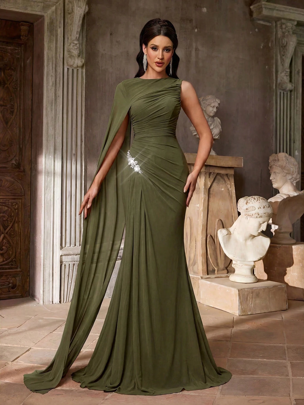 Aureia Elegant Graceful Sophisticated High Elastic Mesh Fabric Round Neck One Shoulder Oversized Cape Sleeve - image 7
