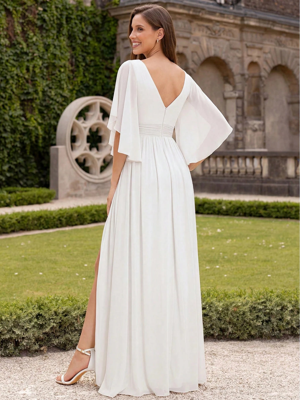 EVERPRETTY Summer Early Autumn Elegant Off-Shoulder Ruffle Sleeve V-Neck High Waist Fitted Chiffon Sage Green - image 20