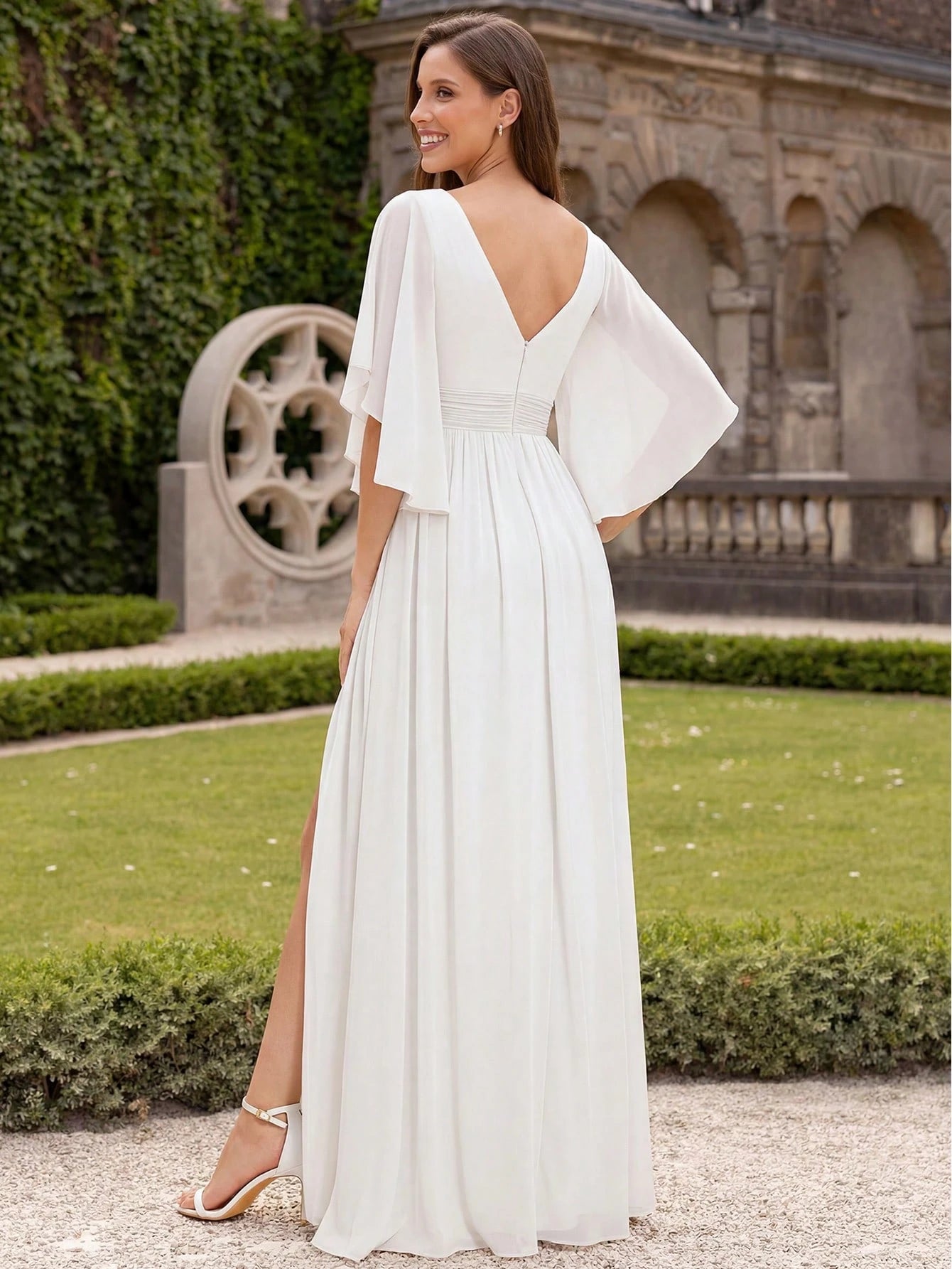 EVERPRETTY Summer Early Autumn Elegant Off-Shoulder Ruffle Sleeve V-Neck High Waist Fitted Chiffon Sage Green - image 20
