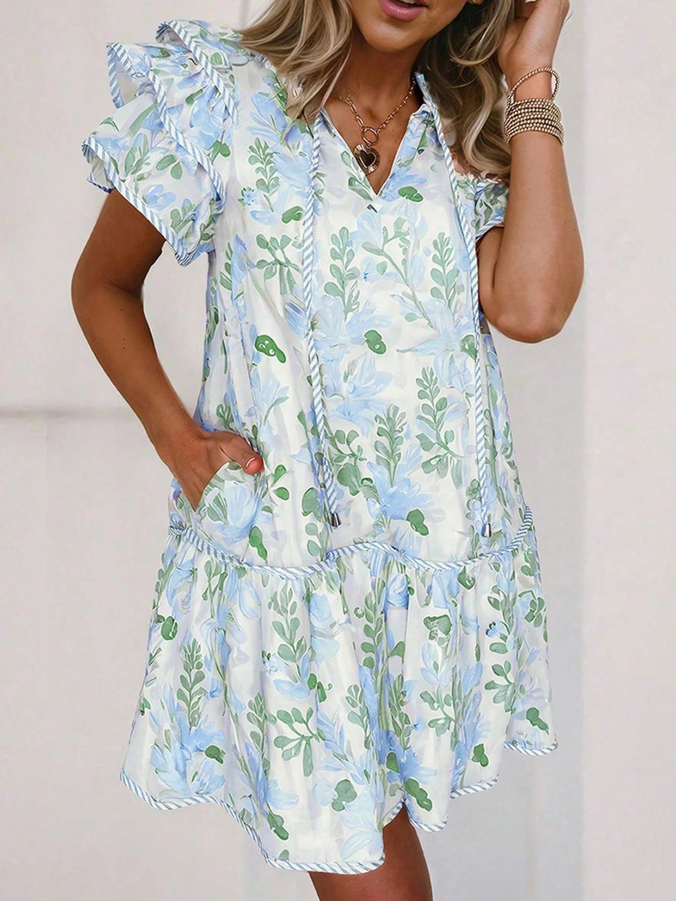Acelitt Summer Light Blue Floral Contrast Edge Layered Short Sleeve