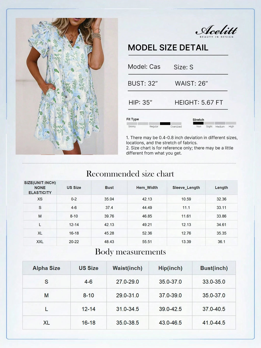 Acelitt Summer Light Blue Floral Contrast Edge Layered Short Sleeve