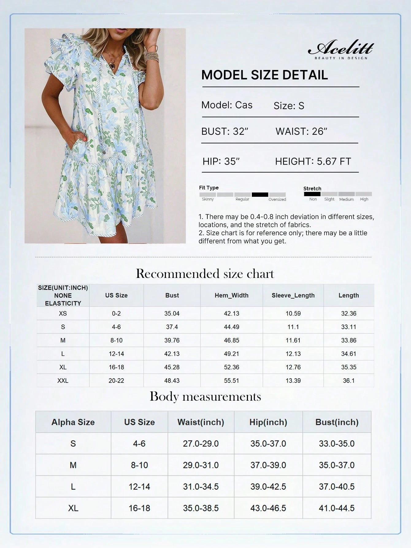 Acelitt Summer Light Blue Floral Contrast Edge Layered Short Sleeve