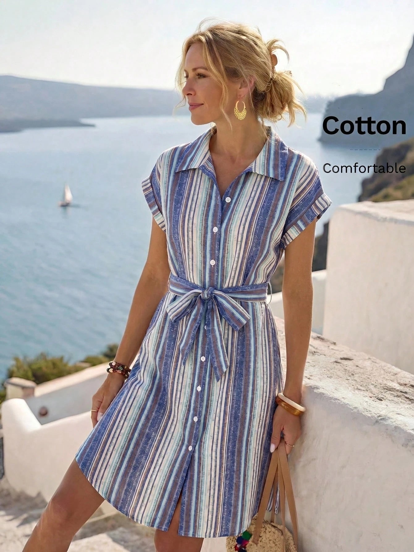 Rusticease Women's Blue And White Stripe Summer Casual Midi Dress,Short Sleeve Front Button Tie Waist Work - image 19