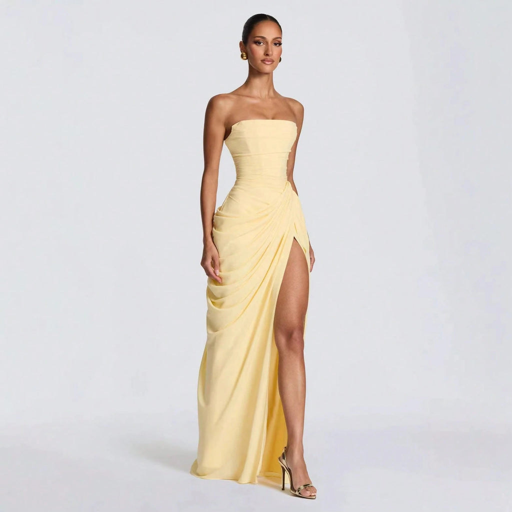 Minimal Pastel Yellow Strapless Maxi, Tube Neck Side Draped Ruched High Slit Soft Chiffon Floor Prom Formal - image 3
