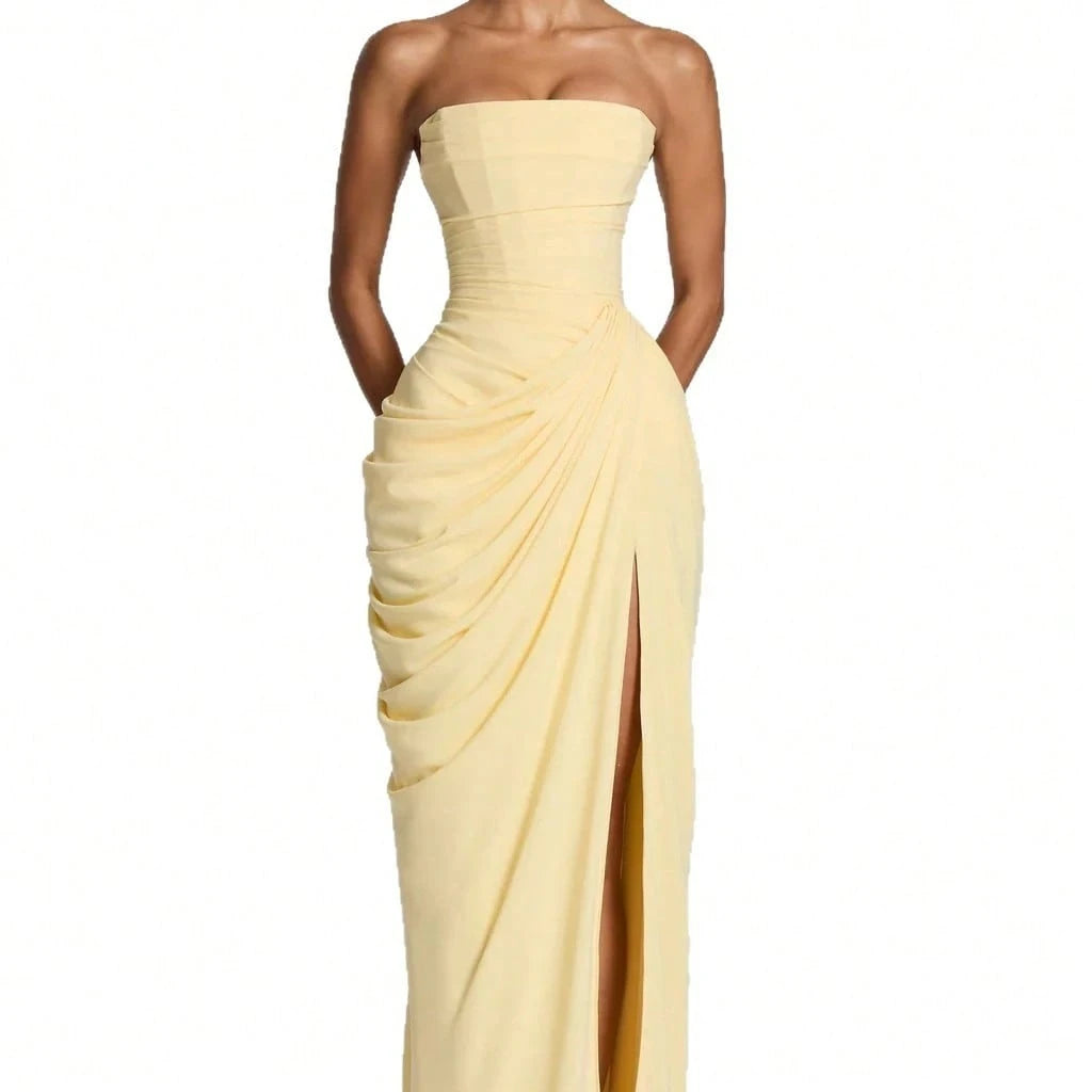 Minimal Pastel Yellow Strapless Maxi, Tube Neck Side Draped Ruched High Slit Soft Chiffon Floor Prom Formal - image 6