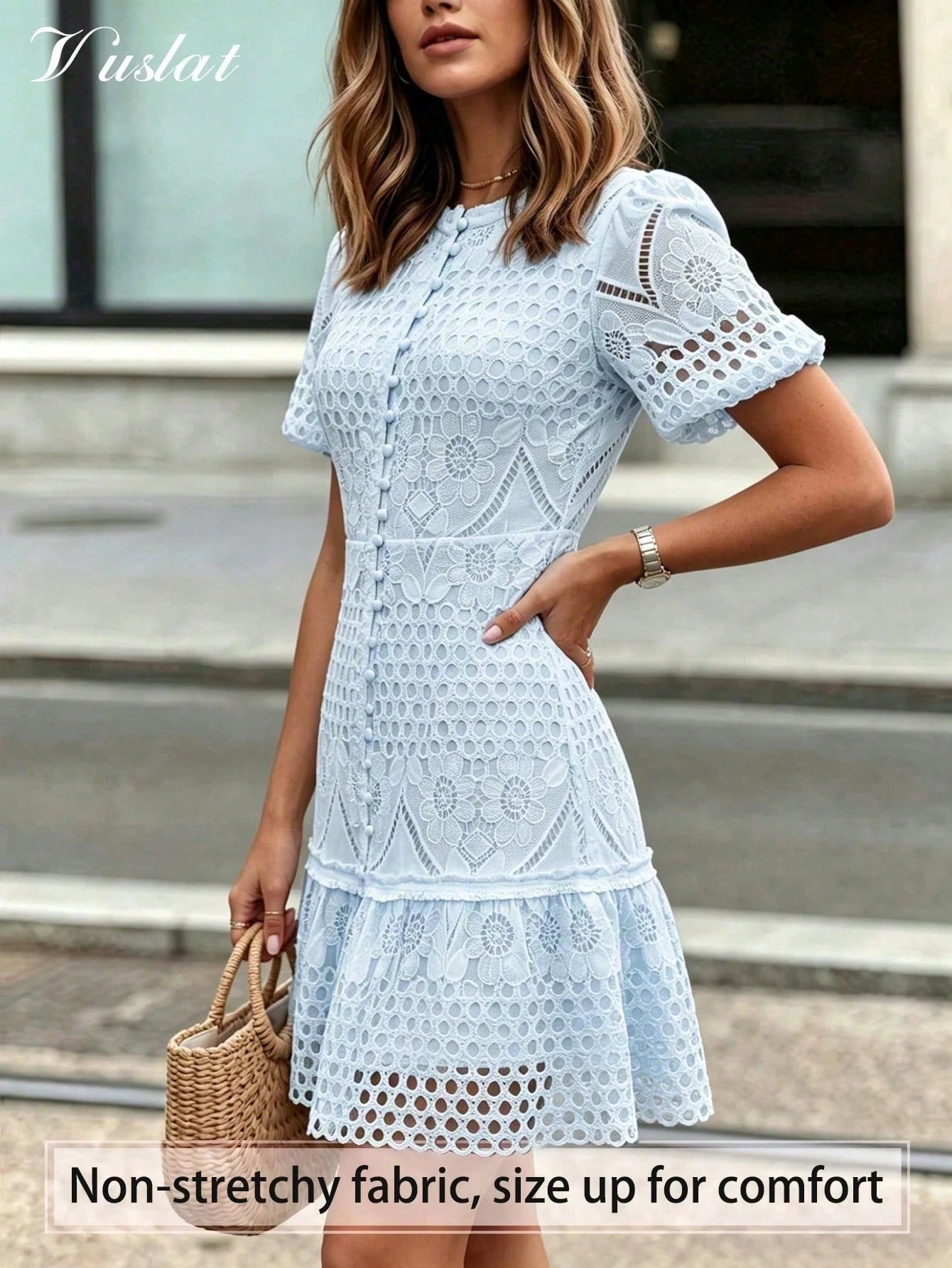 Vusalt Women's Summer White Heavy Embroidery Lace Vintage Elegant Puff Sleeve Fitted French Style Vacation - image 10