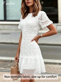 Vusalt Women's Summer White Heavy Embroidery Lace Vintage Elegant Puff Sleeve Fitted French Style Vacation