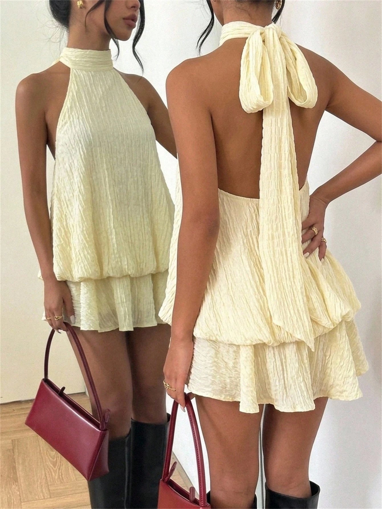 Aloruh Women's Elegant Pale Yellow Halter Tie Mini Dress, Suitable