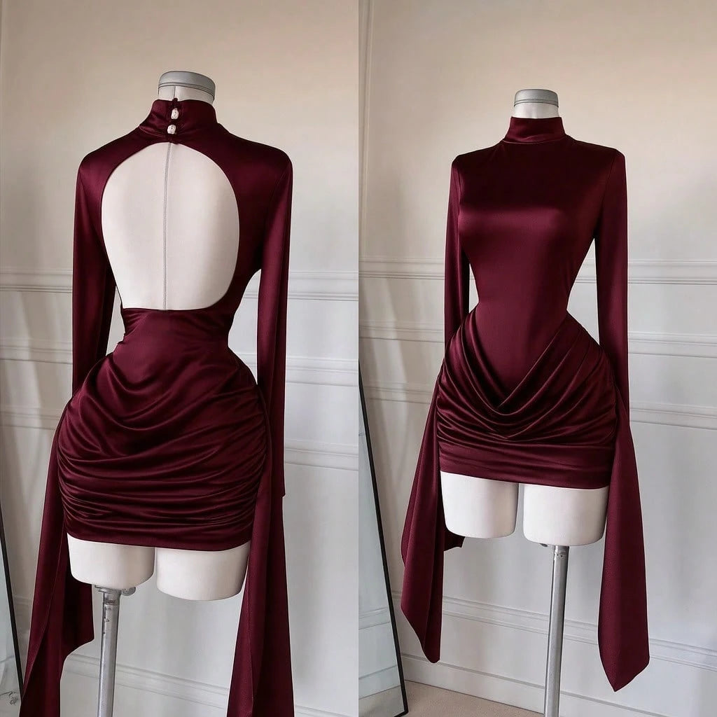 Women's Spring/Summer Half-High Collar Long-Sleeve Backless Pleated