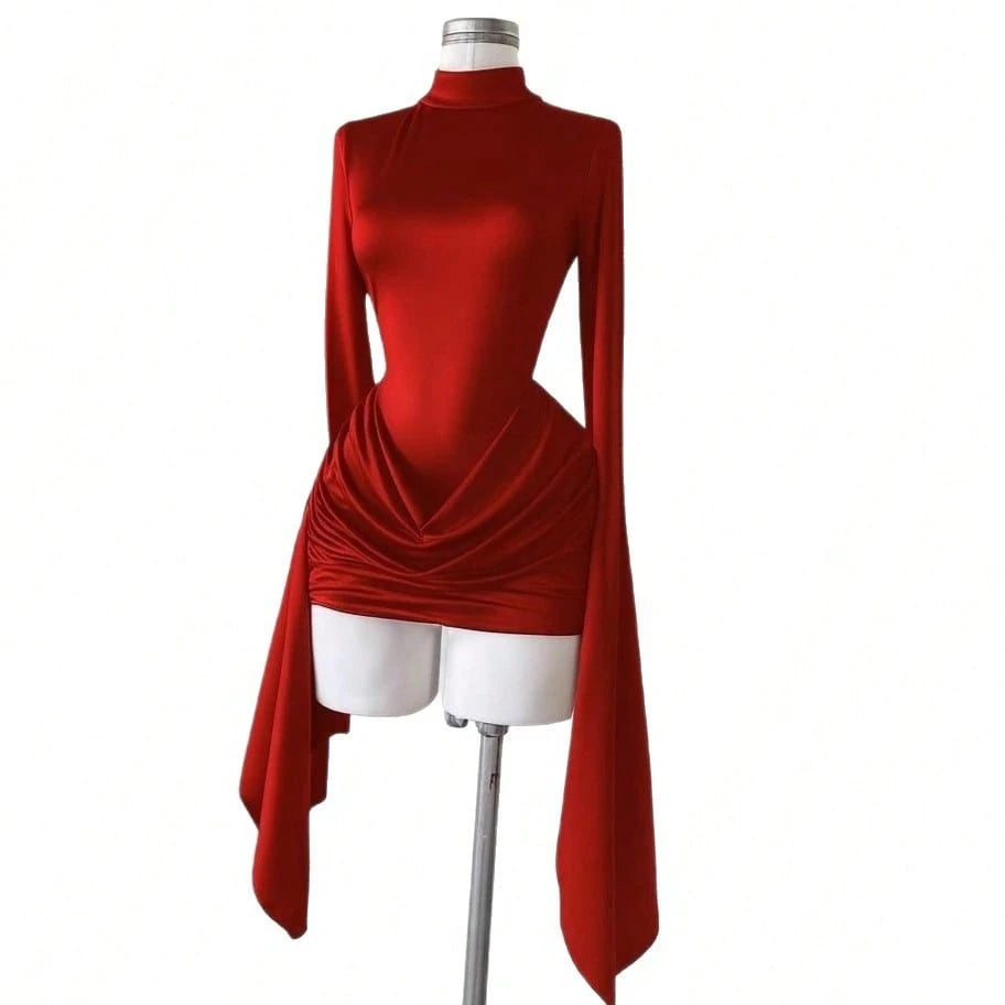 Women's Spring/Summer Half-High Collar Long-Sleeve Backless Pleated Short Dress, College Style, School - image 4