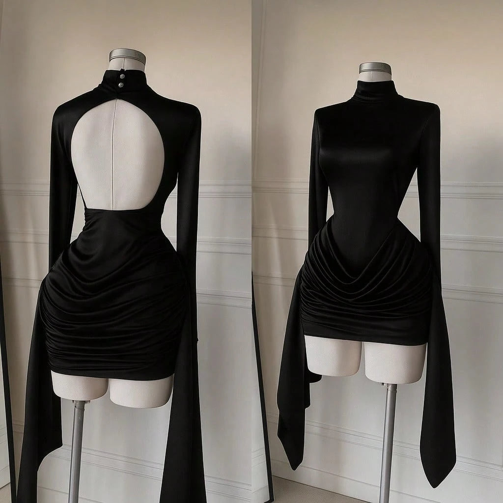 Women's Spring/Summer Half-High Collar Long-Sleeve Backless Pleated Short Dress, College Style, School - image 5