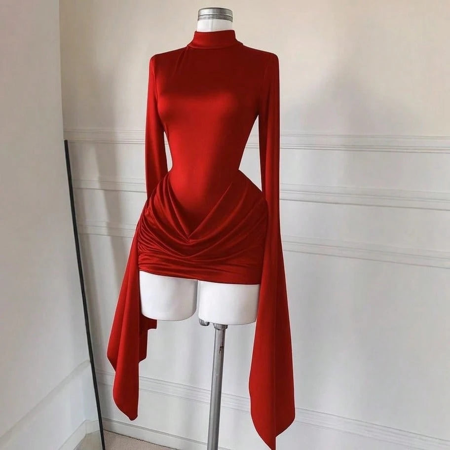 Women's Spring/Summer Half-High Collar Long-Sleeve Backless Pleated