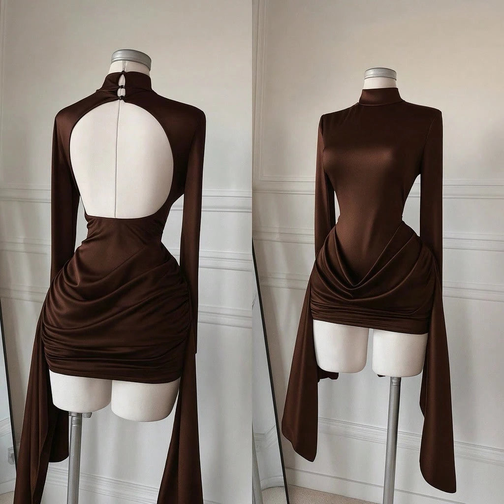 Women's Spring/Summer Half-High Collar Long-Sleeve Backless Pleated