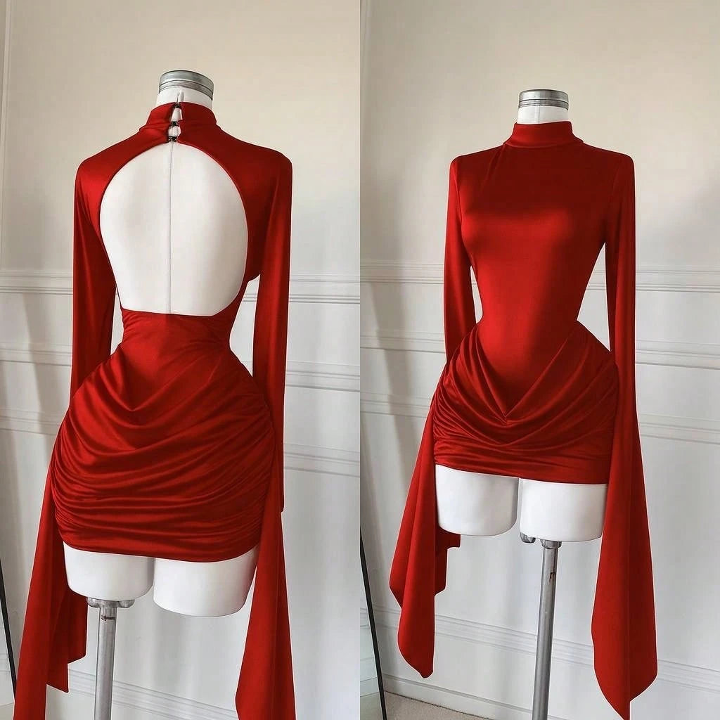 Women's Spring/Summer Half-High Collar Long-Sleeve Backless Pleated