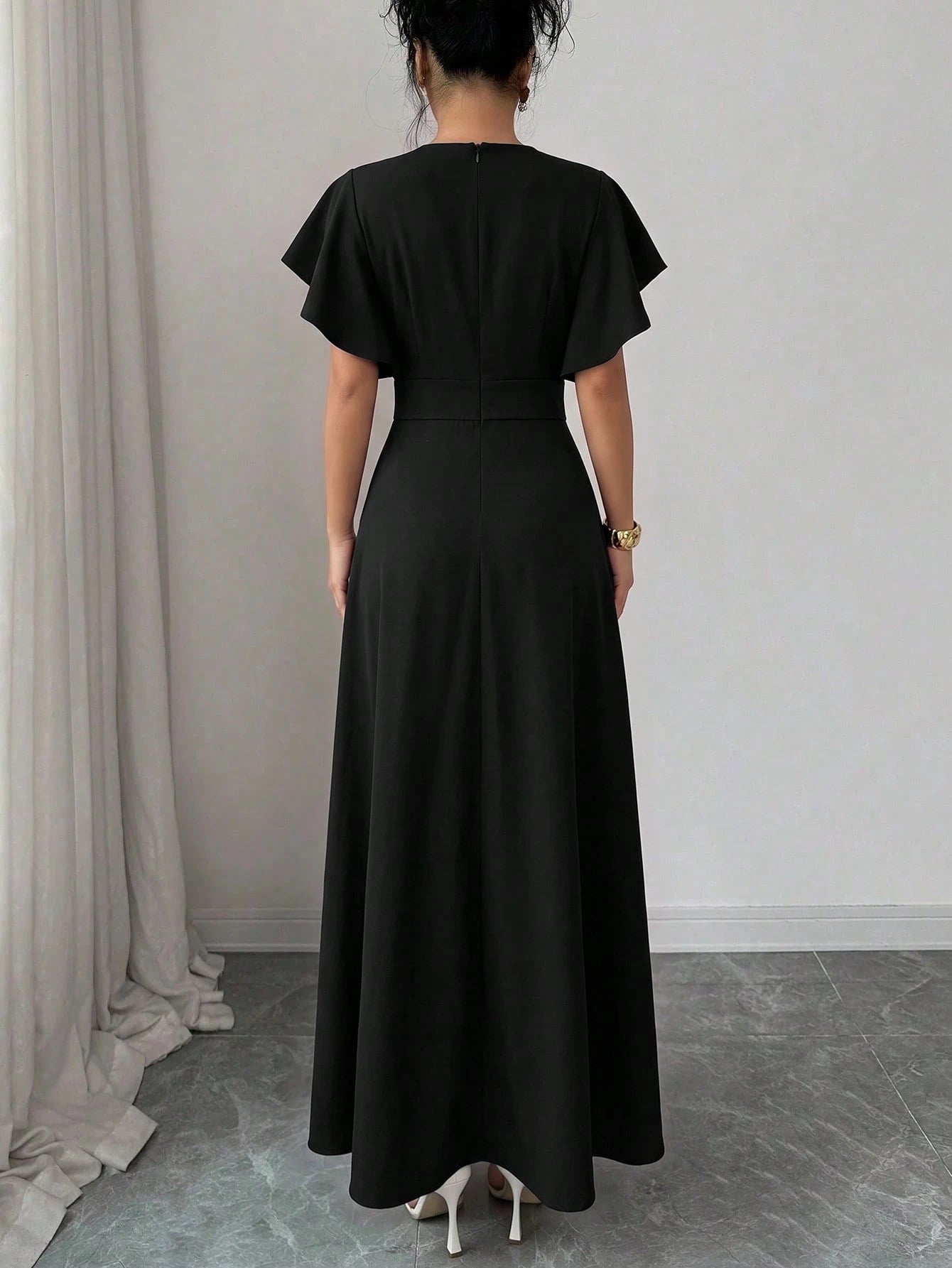 Elenzga Women's Elegant Burgundy Red Leaf Pattern Ruched Cap Sleeve Fitted Flared Dress, Spring/Summer - image 3