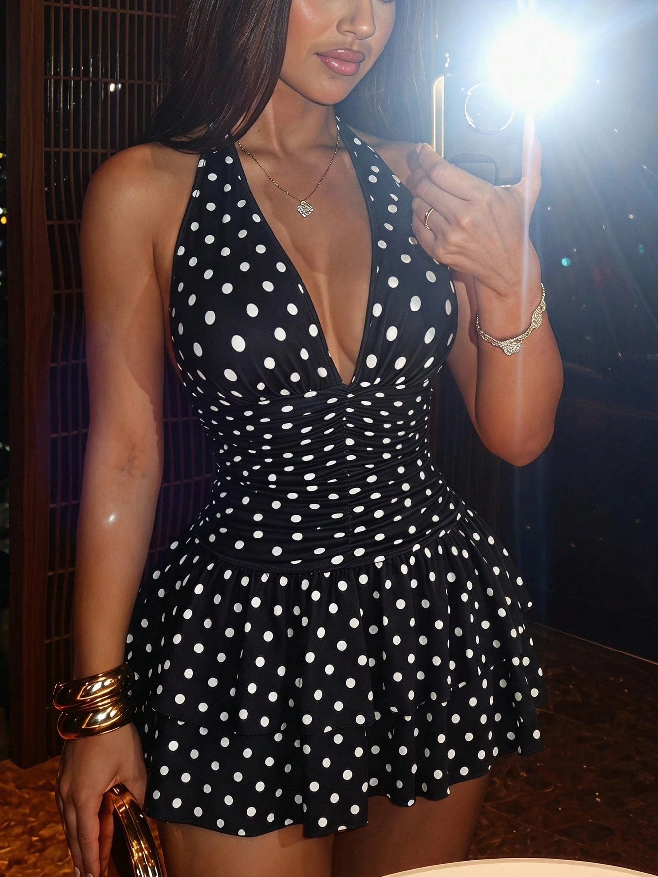 SXY Women's Polka Dot Print Deep V-Neck Sexy Halter Ruffle Dress