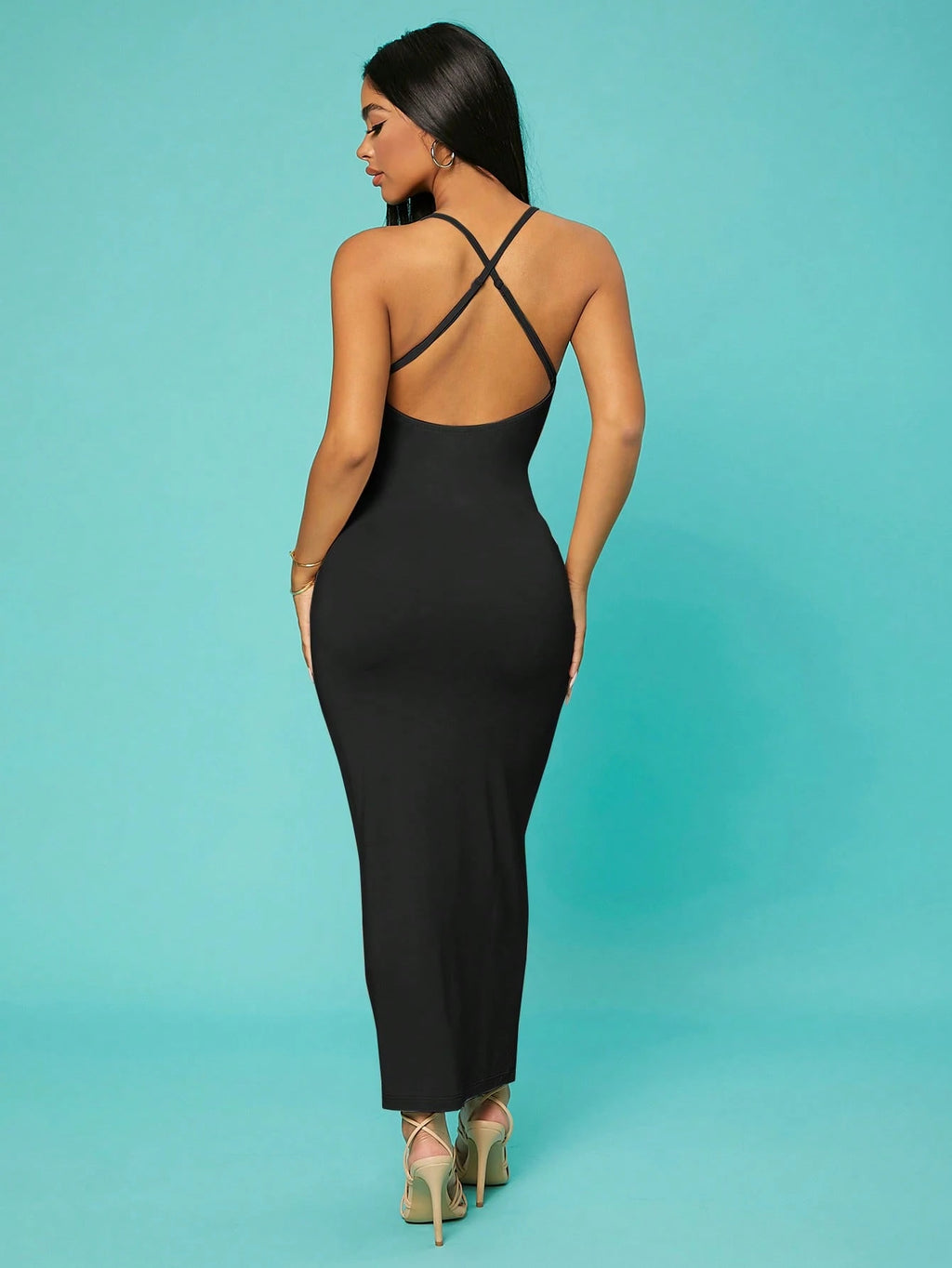 SXY Solid Criss-Cross Backless Bodycon Dress Concert Long Summer