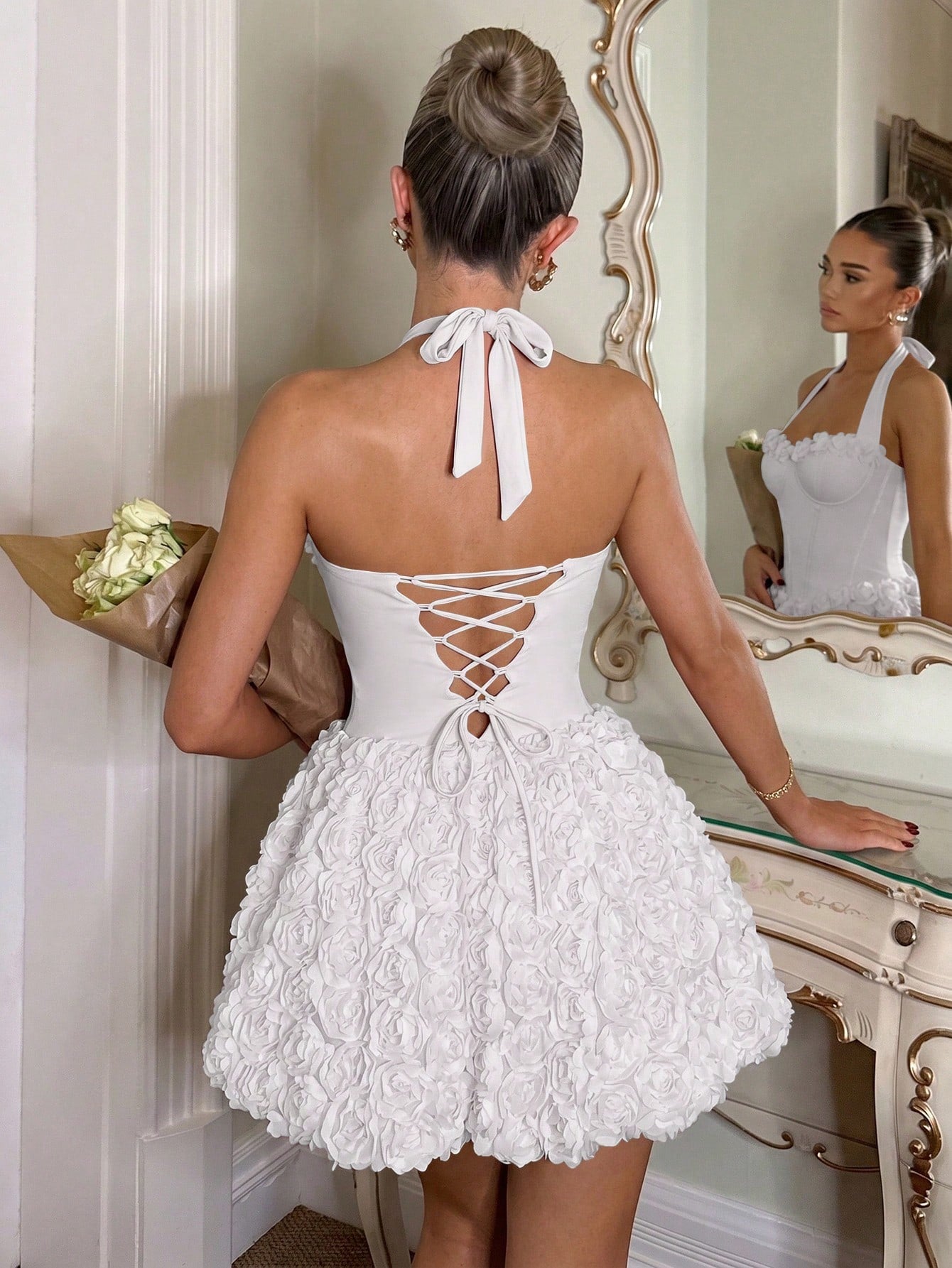 Soft Pink Summer Mama Mia Party Women's Halter 3D Rose Corset Mini Dress,Elegant Sweet Spicy A-Line Fluffy - image 7