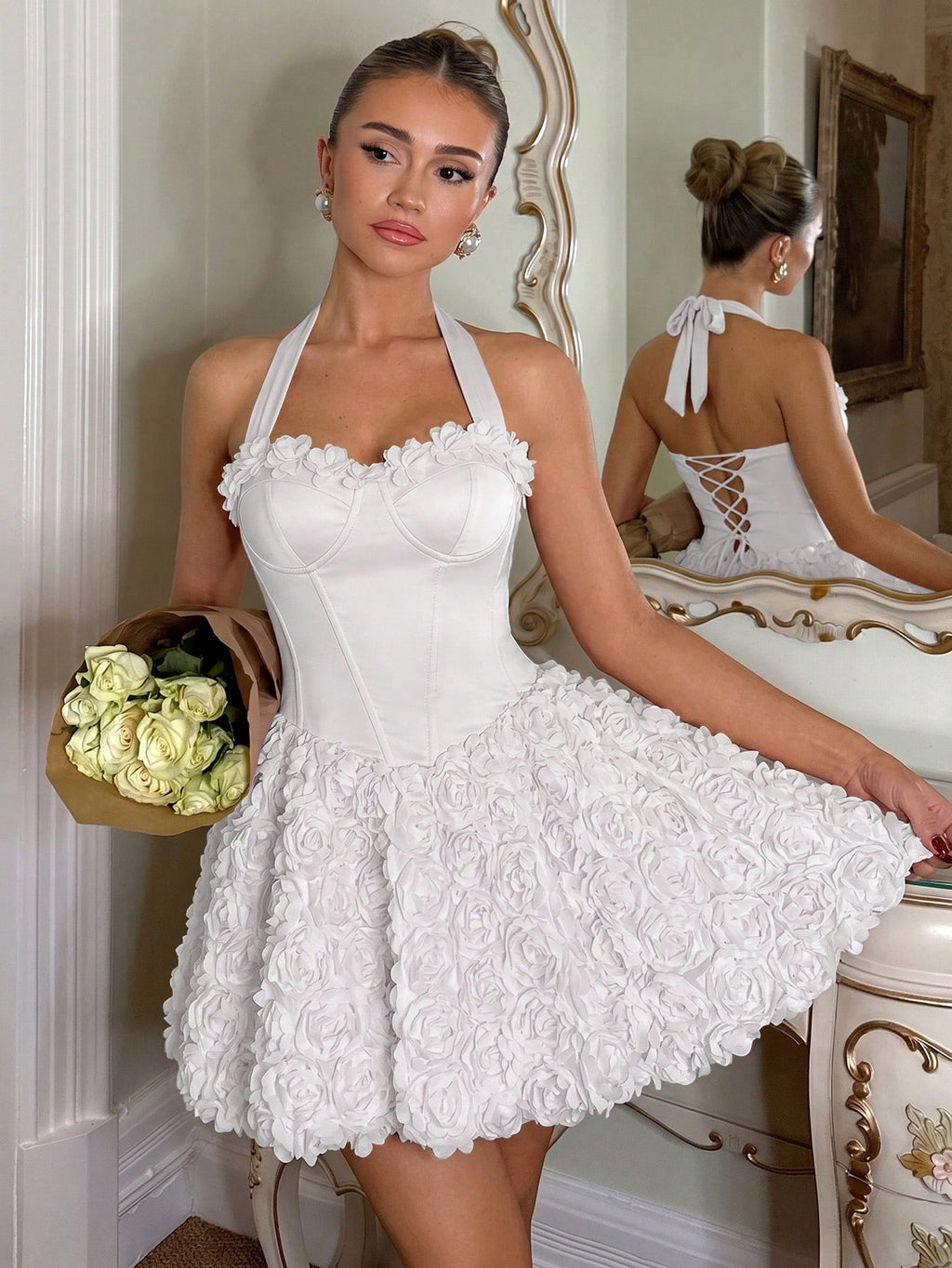 Soft Pink Summer Mama Mia Party Women's Halter 3D Rose Corset Mini Dress,Elegant Sweet Spicy A-Line Fluffy - image 8