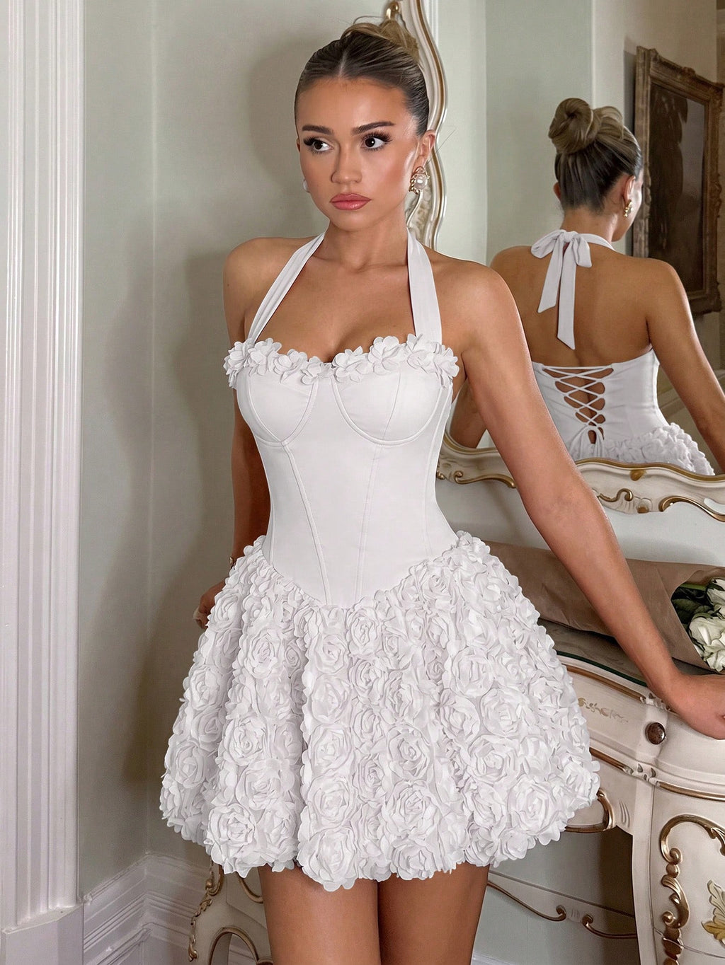 Soft Pink Summer Mama Mia Party Women's Halter 3D Rose Corset Mini Dress,Elegant Sweet Spicy A-Line Fluffy - image 10