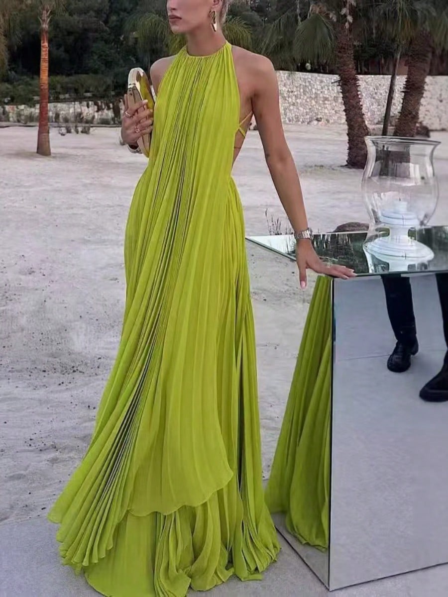 Women Halter Backless Pleated Maxi Gown, Sleeveless Deep Open Back