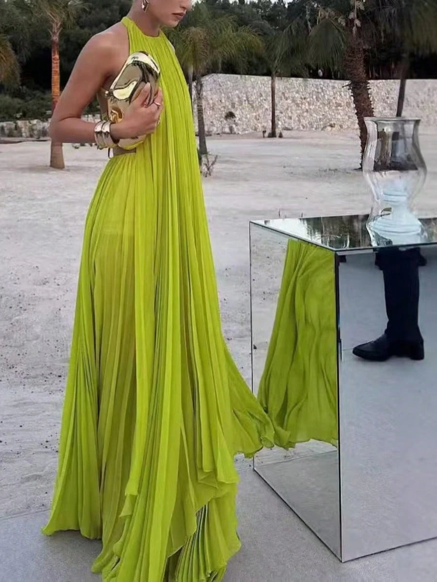 Women Halter Backless Pleated Maxi Gown, Sleeveless Deep Open Back