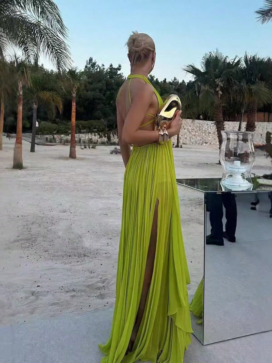 Women Halter Backless Pleated Maxi Gown, Sleeveless Deep Open Back