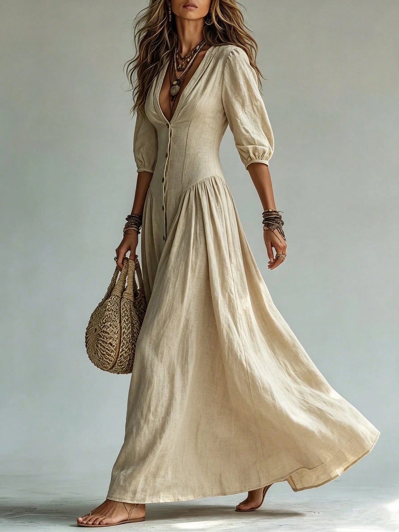 Glimmora Women's Fashion Solid Color Deep V-Neck Single-Breasted 3/4 Sleeve Long Dress - image 4