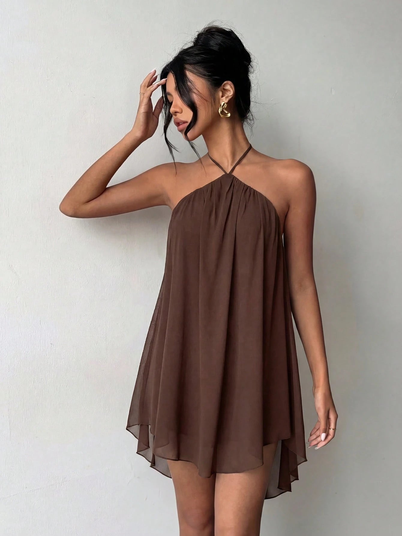 Pink Casual Sexy Chic Halter Backless Chiffon Dress With Asymmetrical