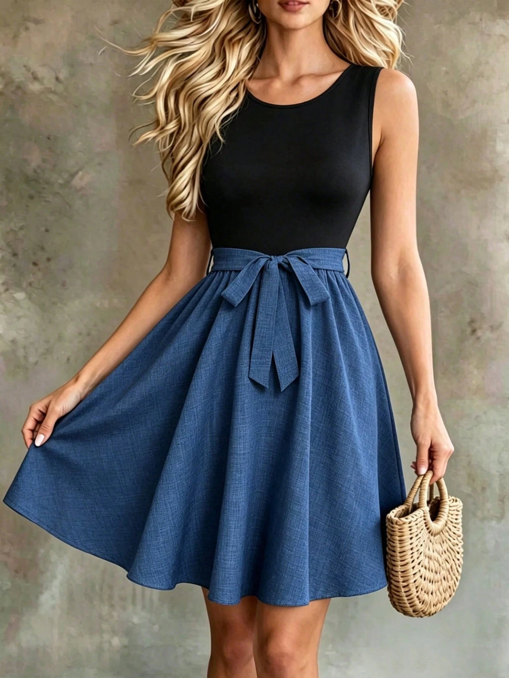 Louniche Elegant Colorblock Patchwork Round Neck Sleeveless Midi