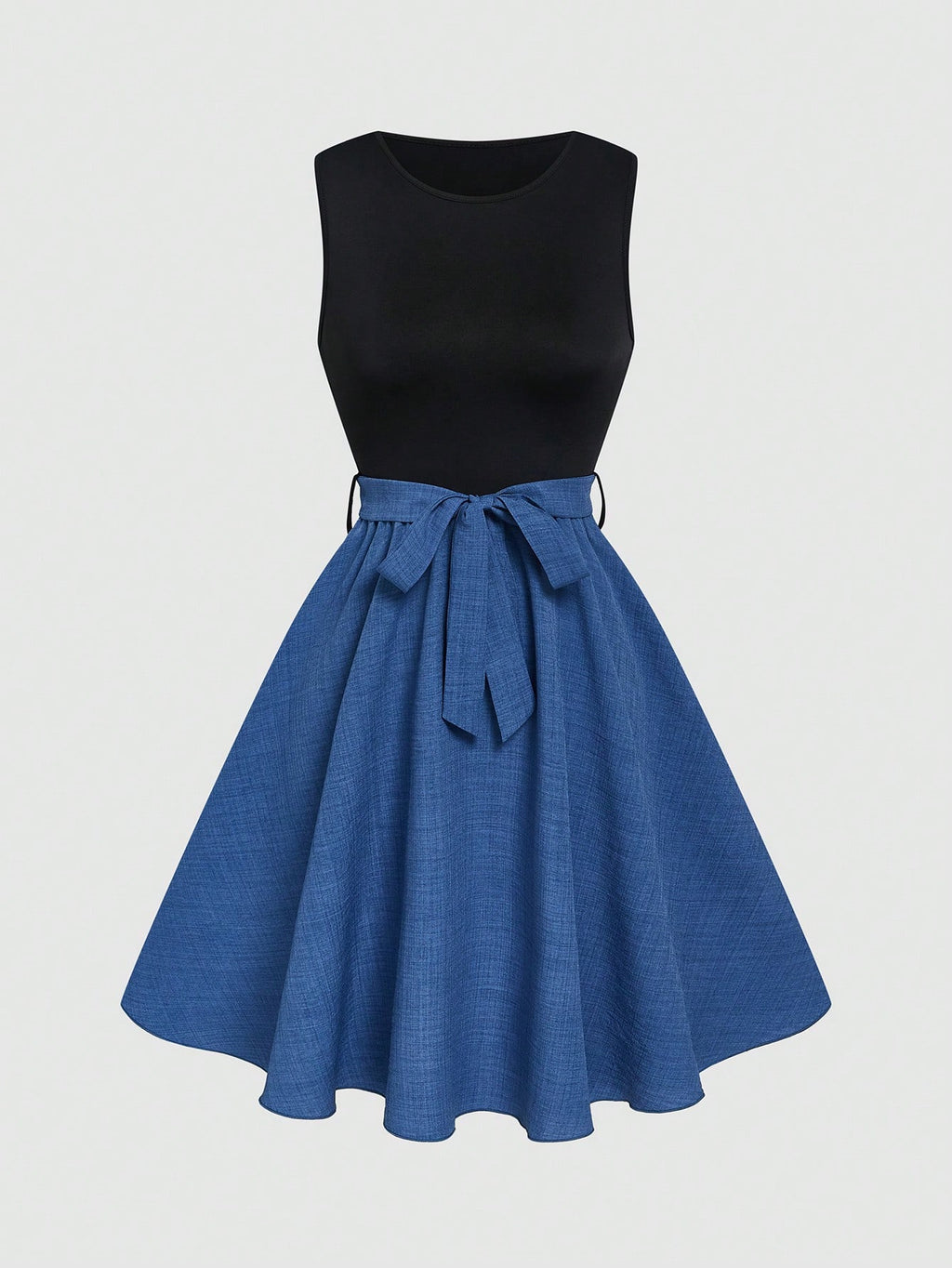 Louniche Elegant Colorblock Patchwork Round Neck Sleeveless Midi
