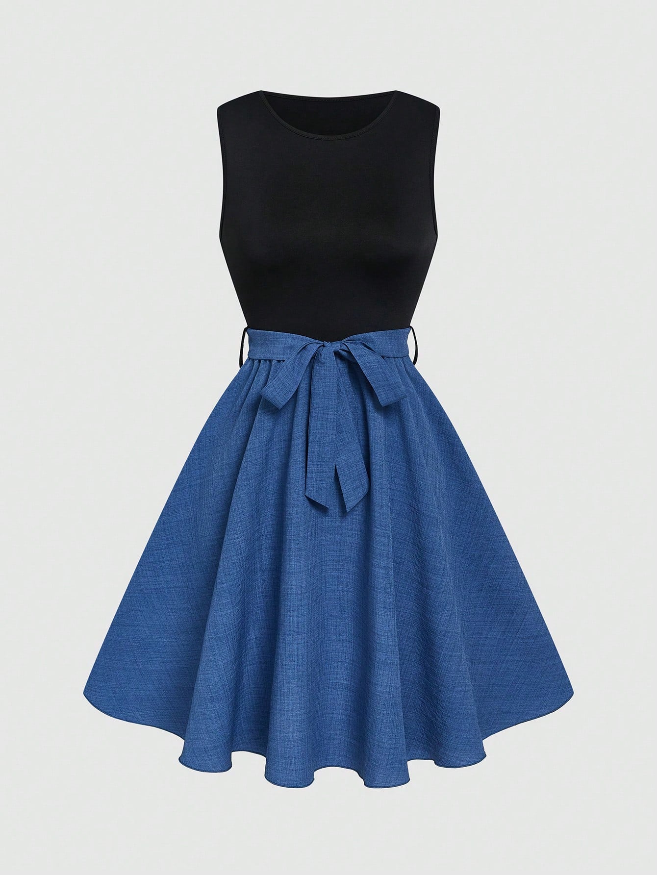Louniche Elegant Colorblock Patchwork Round Neck Sleeveless Midi