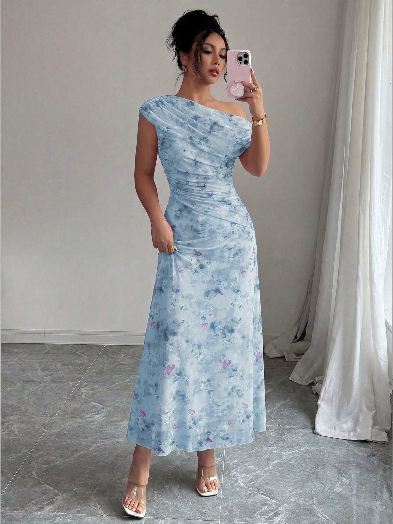 Modelyn Floral & Butterfly Print Mesh Asymmetric Ruffle Romantic
