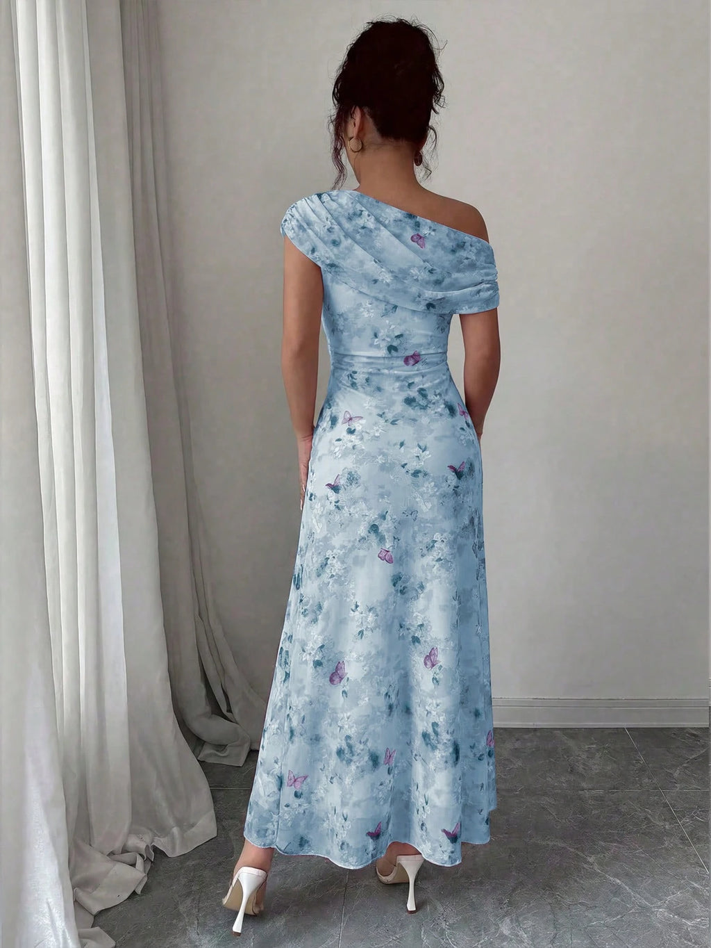 Modelyn Floral & Butterfly Print Mesh Asymmetric Ruffle Romantic