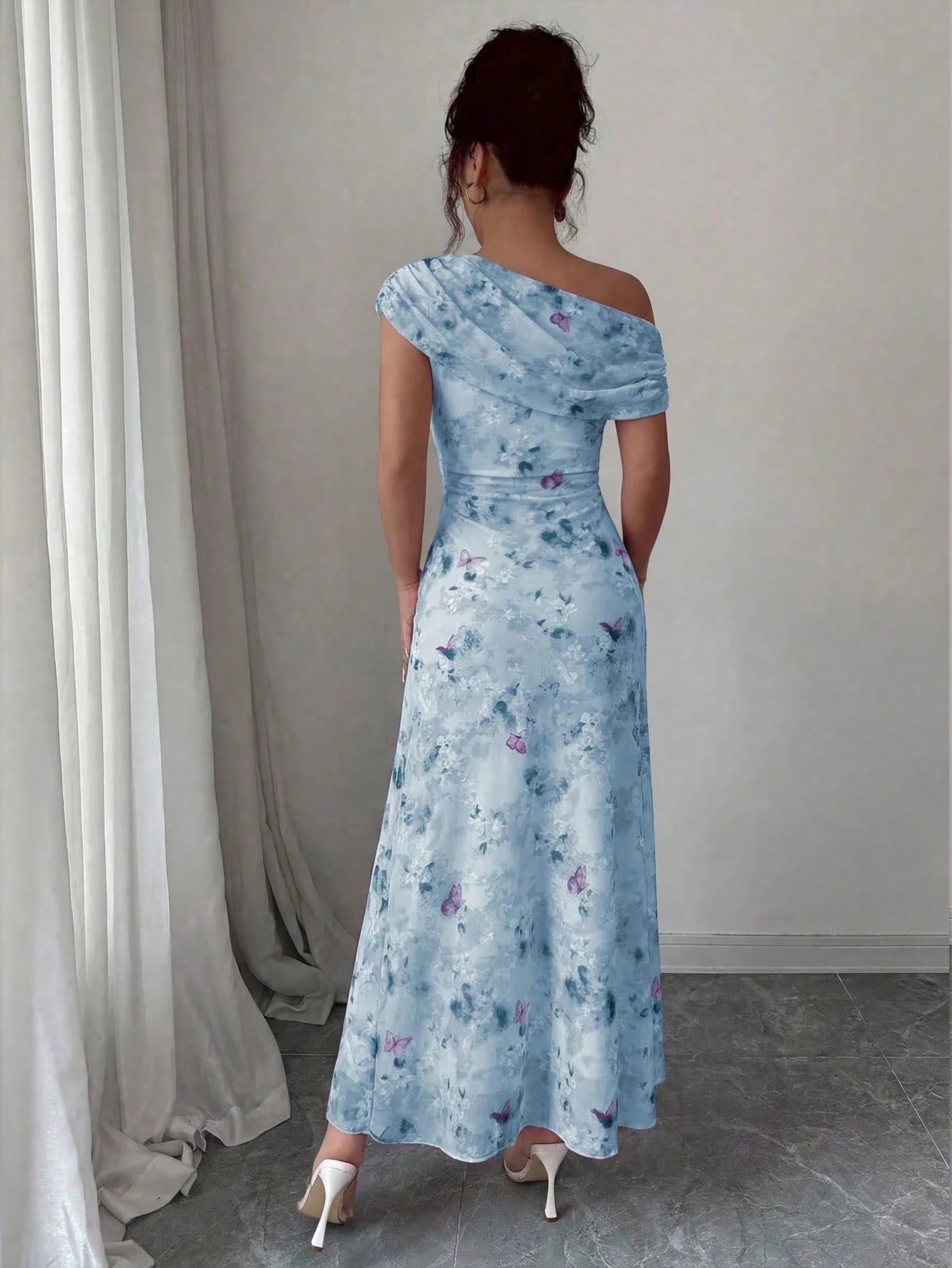 Modelyn Floral & Butterfly Print Mesh Asymmetric Ruffle Romantic