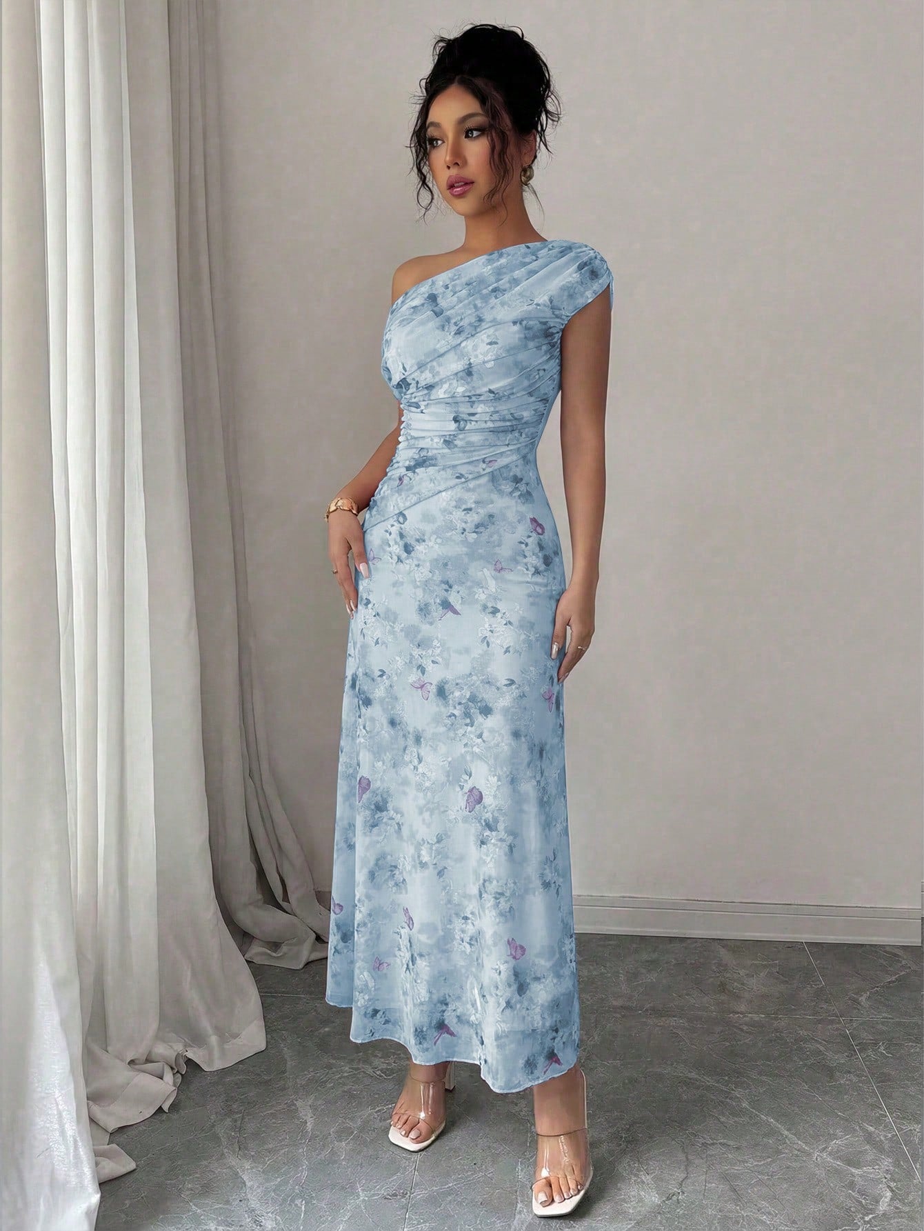 Modelyn Floral & Butterfly Print Mesh Asymmetric Ruffle Romantic