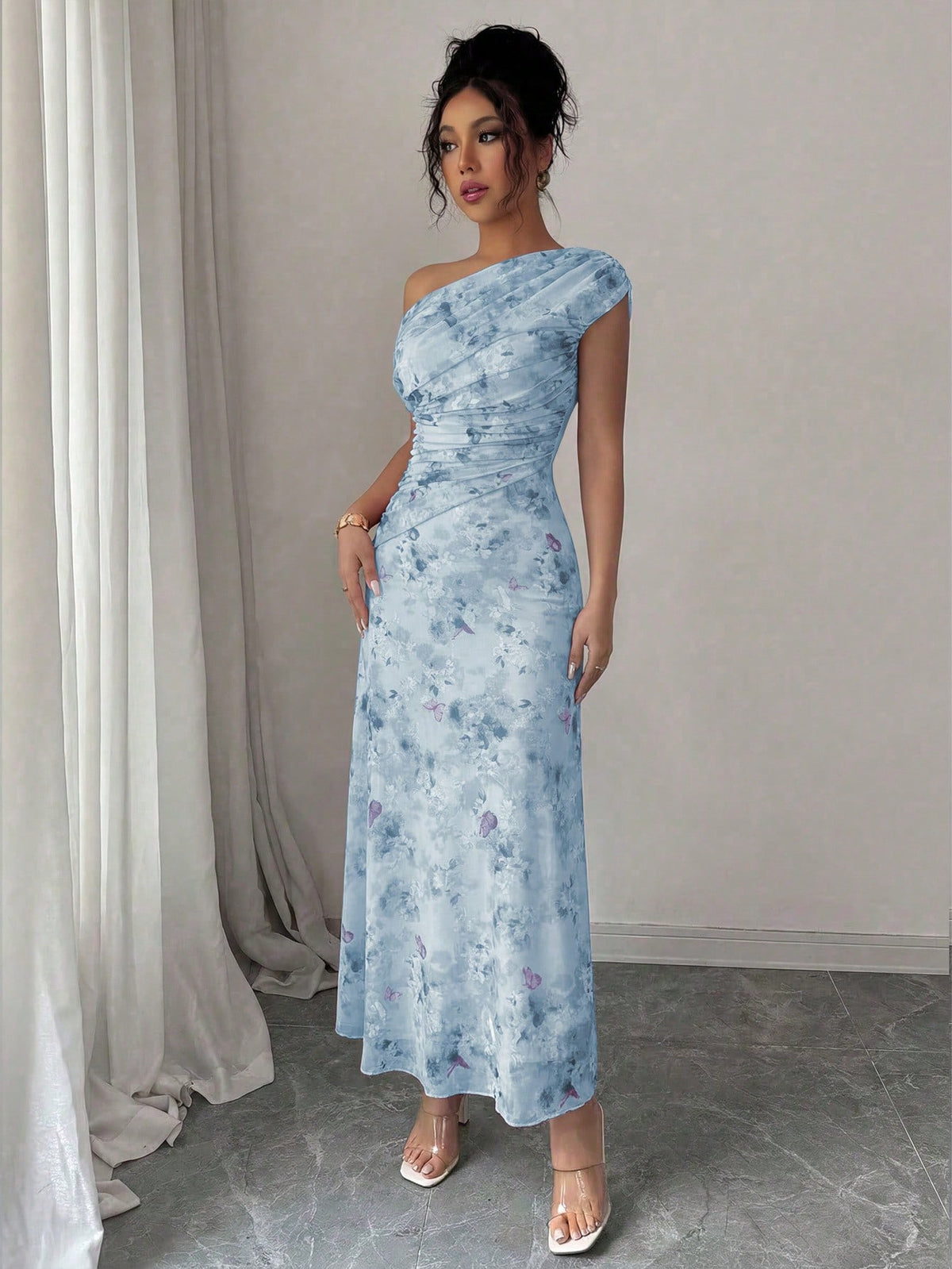 Modelyn Floral & Butterfly Print Mesh Asymmetric Ruffle Romantic Summer Elegant Midi Dress For Women - image 13