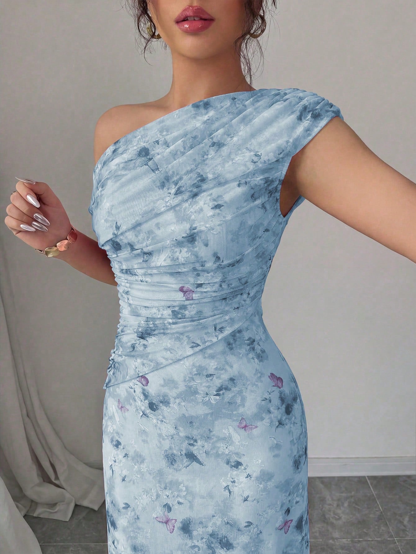 Modelyn Floral & Butterfly Print Mesh Asymmetric Ruffle Romantic