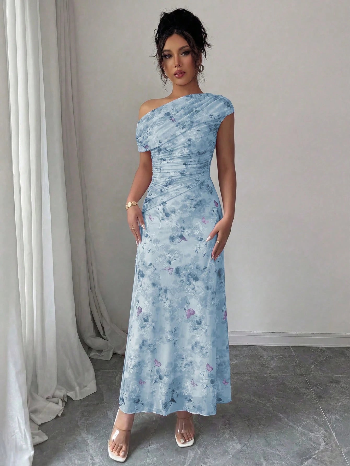 Modelyn Floral & Butterfly Print Mesh Asymmetric Ruffle Romantic