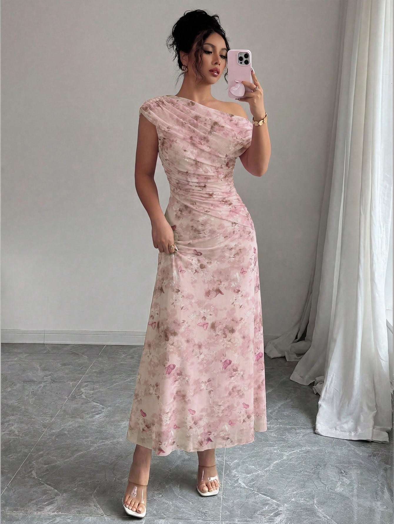 Modelyn Floral & Butterfly Print Mesh Asymmetric Ruffle Romantic