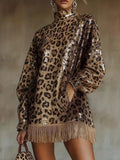 Fashionable Metallic Brown Sequin High-Neck Long-Sleeved Fringed