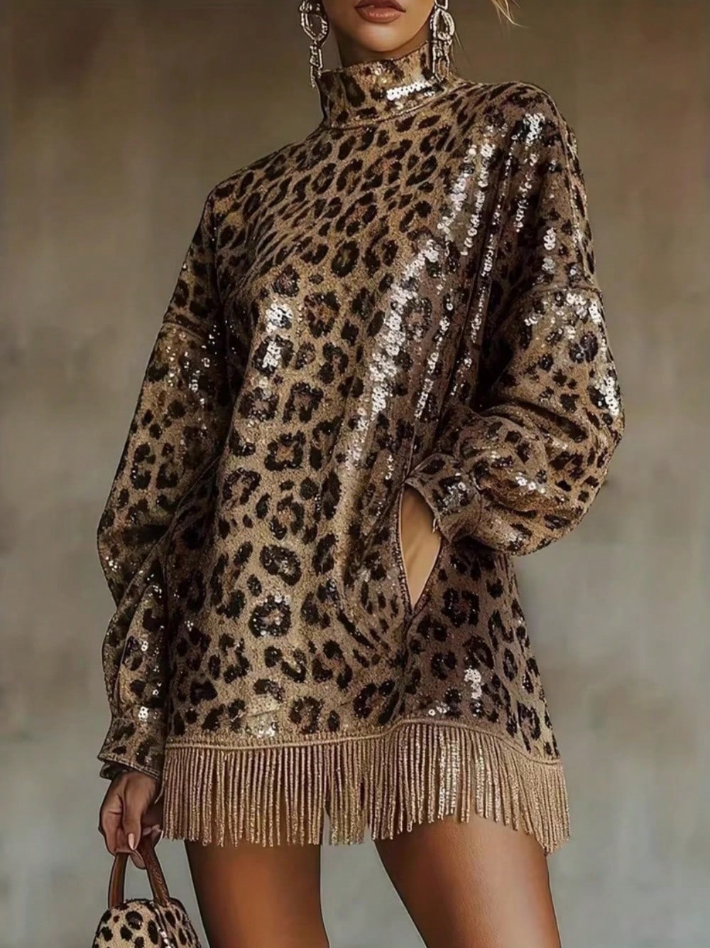 Fashionable Metallic Brown Sequin High-Neck Long-Sleeved Fringed