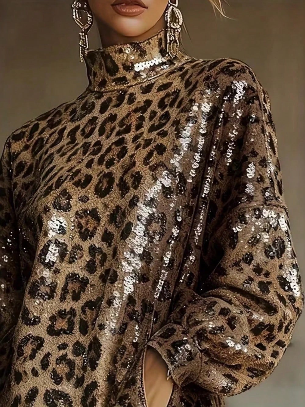 Fashionable Metallic Brown Sequin High-Neck Long-Sleeved Fringed